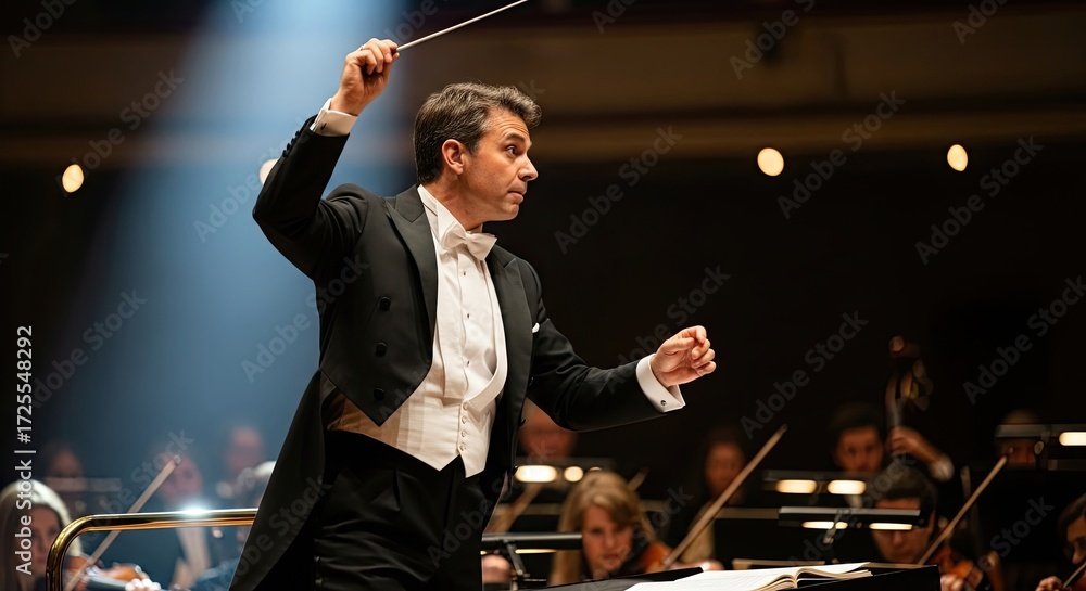 Obraz premium A conductor directing an orchestra on stage.