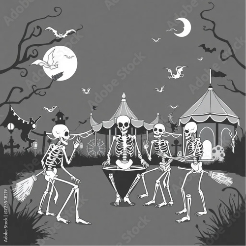 A skeleton gathering for a midnight ritual in a haunted amusement park surrounded by enchanted broomstick.