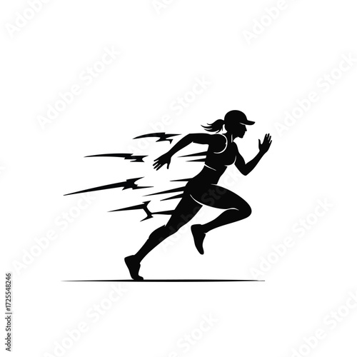 Dynamic silhouette of a female runner in motion, showcasing speed and athleticism with motion lines.