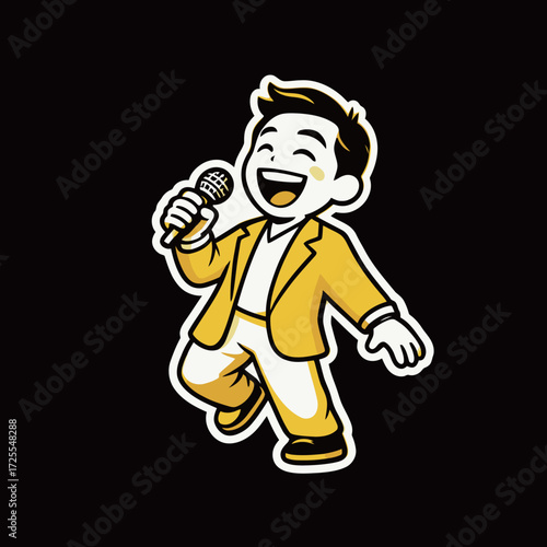 Cheerful Male Singer or Performer in a Suit Holding a Microphone and Smiling, Depicting Entertainment, Music, Karaoke, and Live Vocal Performance in a Joyful Cartoon Vector Style