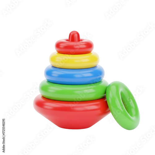 A colorful plastic stacking rings toy pyramid, a 3D render isolated on a transparent background.