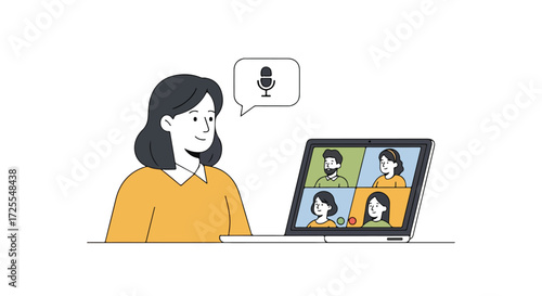 Virtual communication illustration featuring a woman on a video conference with other participantspresentation
