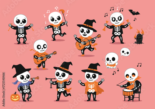 Vector art of skeletons in festive attire play instruments and dance with joy, creating a lively Halloween scene against a clean background the skeletons wear hats and scarves