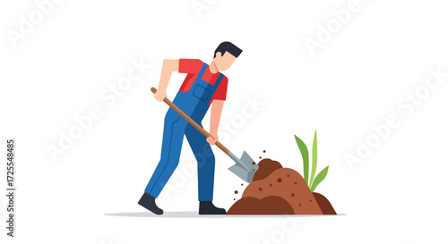Illustrative farmer digging in the garden with a shovel, preparing soil for planting new seedlings illustration, vector graphic depicts agrarian work
