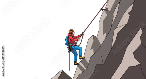 Illustration depicting the ascent of a mountain climber, emphasizing the equipment and the rocky mountain terrain, showcasing the human element in