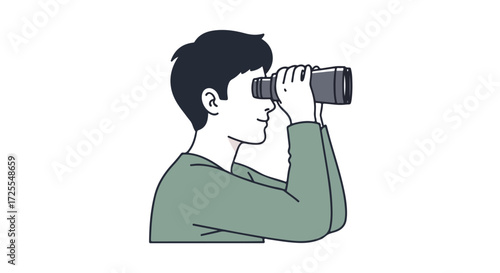 Illustration of a man using binoculars to observe distant objects with a focused expression, suggesting exploration or discovery in a simple style