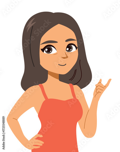 Cartoon illustration showing a beautiful woman with a pointing hand giving advice isolated on white background. Clip art for tutorials, mentorship, guidance and communication projects