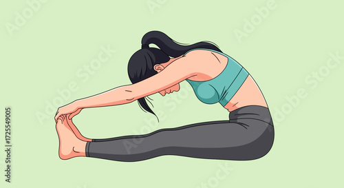 Illustration of a flexible woman practicing seated forward bend yoga pose indoors for wellness
