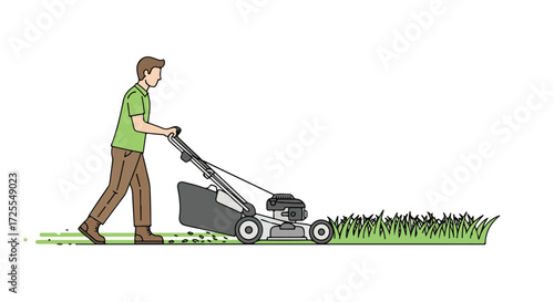 Illustration of a man mowing the grass with a lawnmower on a bright white background showcasing outdoor chores and yard maintenance in a minimalist