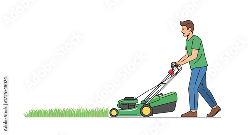 Illustration depicting a man meticulously tending to his lawn using a standard push mower for yard care