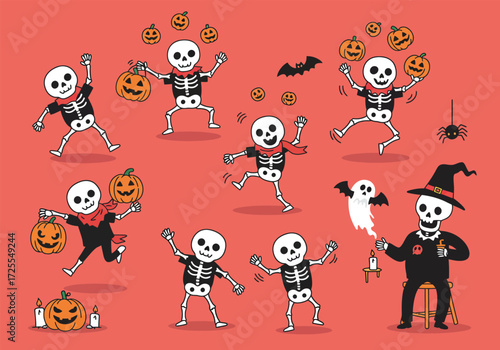 Vector art of skeletons in festive attire play instruments and dance with joy, creating a lively Halloween scene against a clean background the skeletons wear hats and scarves