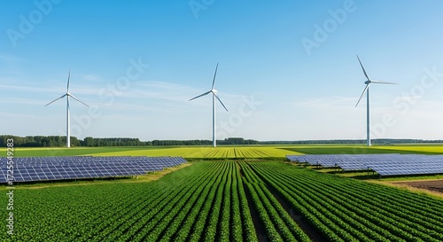 Wind turbines and solar panels coexist with farmland under a clear blue sky landscape.