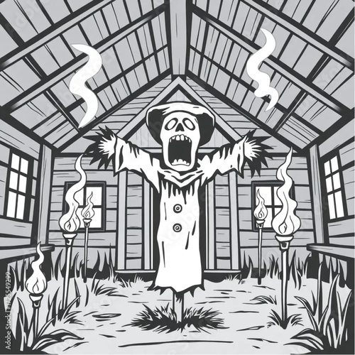 A scarecrow screaming silently in a abandoned schoolhouse surrounded by flickering torches.