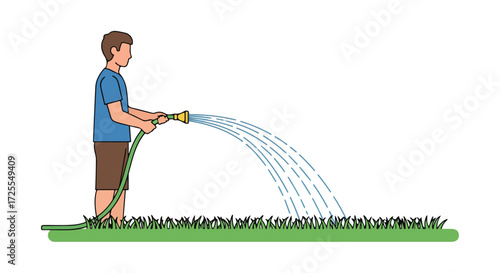 Man watering lawn with hose illustration showcases outdoor chores and lawn irrigation with cartoon style, green grass and clear water spray