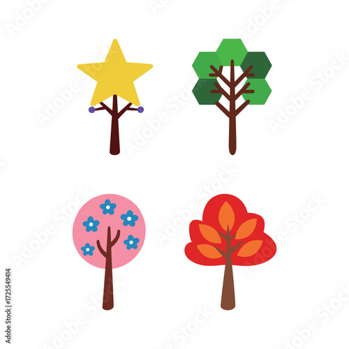 Set of Four Simple and Colorful Cartoon Vector Trees with Seasonal and Abstract Shapes, Ideal for Nature, Holidays, and Creative Children's Graphic Design Projects