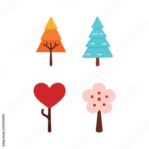 Set of Four Simple and Colorful Cartoon Vector Trees with Abstract and Heart Shapes, Representing Nature, Love, and Whimsical Graphic Elements for Children's Designs