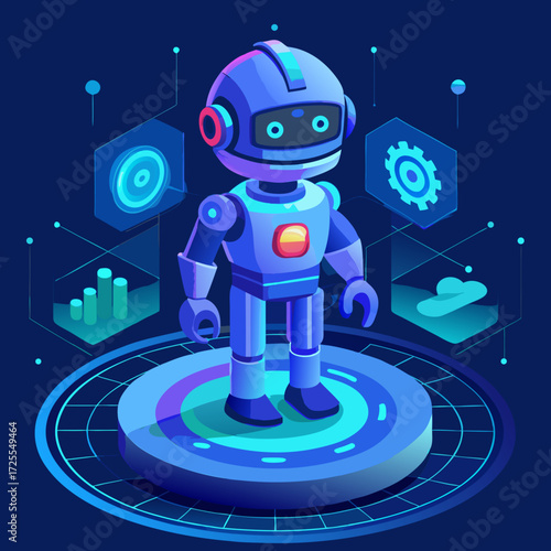 Futuristic robot standing on a platform with holographic displays