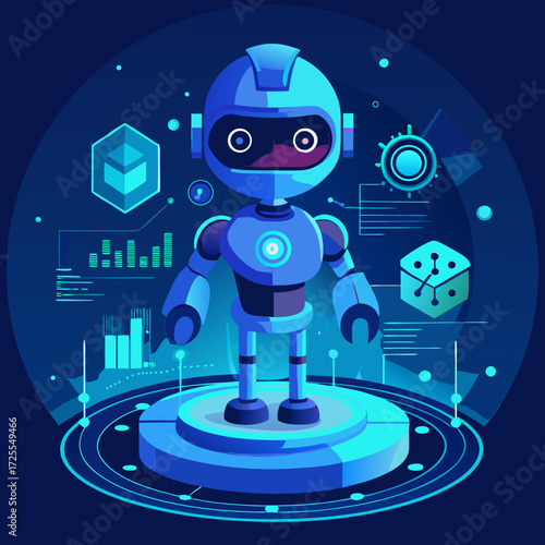 Futuristic blue robot standing on a platform with digital data and technology icons