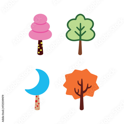 Set of Four Simple and Colorful Cartoon Vector Trees with Abstract and Whimsical Shapes, Representing Nature, Fantasy, and Creative Children's Graphic Design Assets