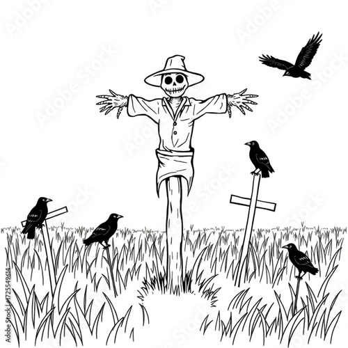 A scarecrow hovering above the ground in a cursed scarecrow field surrounded by raven perched on a cross.