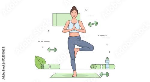 Illustration of a woman in tree pose practicing yoga for fitness and mindfulness training