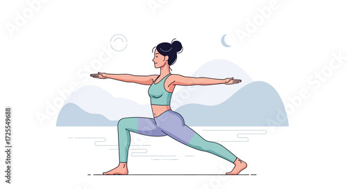 Illustration of a woman practicing yoga in warrior two pose against a serene backdrop