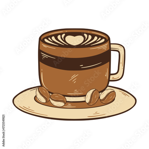 Hand Drawn of  Coffee Cup with Latte Art and Coffee Beans