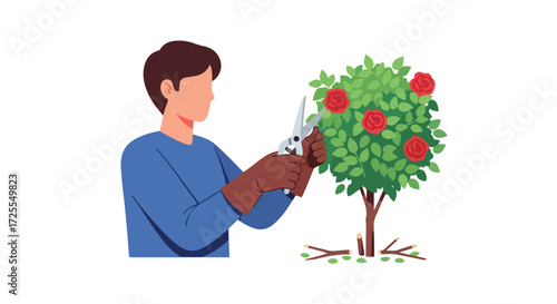 Illustration showcasing a person pruning a rose bush in a garden, highlighting gardening and plant care with precision and an organic touch