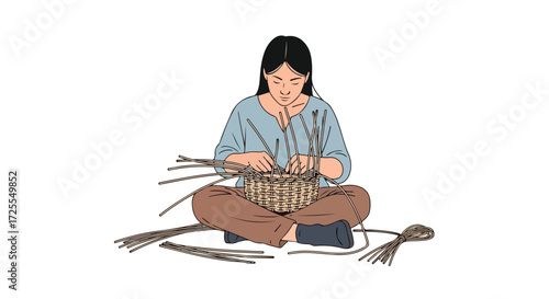 Young Woman Expertly Weaving a Basket with Natural Materials, Demonstrating Traditional Craftsmanship and Artistic Skill with Precision and Focus
