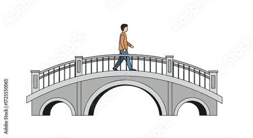 Man traversing a grey stone arched bridge with railings, illustration of individual moving forward, path across bridge, illustration of journey and