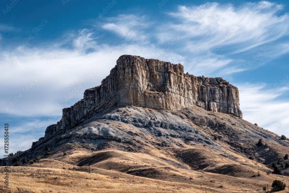 Fototapeta premium A striking rock formation rises above the dry terrain under a bright sky, showcasing the beauty of Wyoming's wilderness
