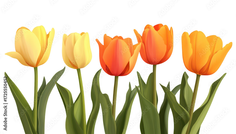 Obraz premium A arrangement of yellow. orange. and red tulips standing tall with lush green leaves against a clean white background. ideal for spring-themed designs and floral decorations