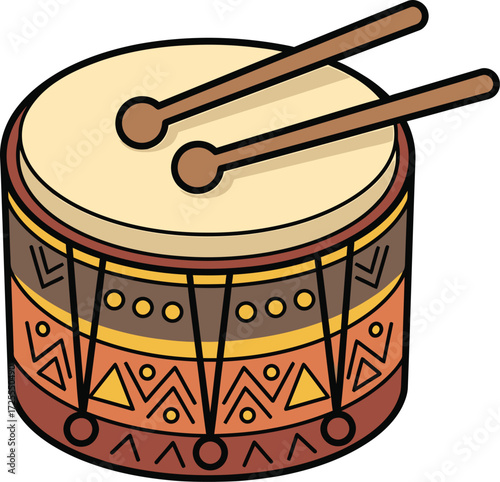 Cartoon illustration of a traditional African tribal drum with drumsticks, featuring vibrant geometric patterns and a warm color palette, perfect for cultural or musical themes