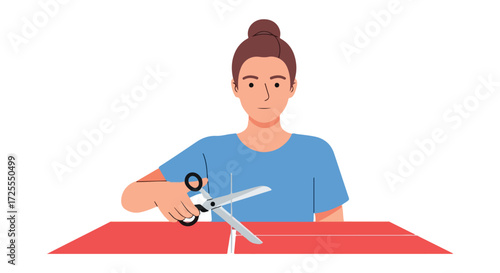 Illustration of a Focused Person Cutting Red Fabric with Scissors for a Project or Craft Work with Concentration and Precision at the Workspace