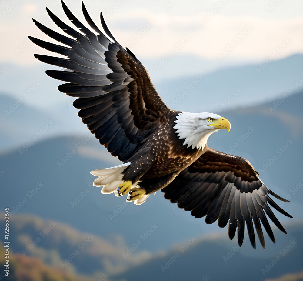 Obraz premium Majestic bald eagle soars high above the mountains with wings fully spread