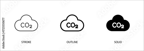 Cloud and co2 icon for environment, emissions, air pollution. Editable vector stroke, outline and solid icon. Eps10 file.