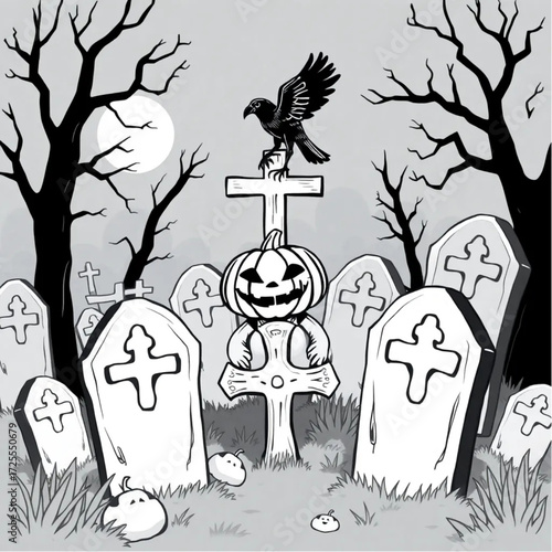 A pumpkin-headed creature watching from behind the tombstones in a creepy forest surrounded by raven perched on a cross.