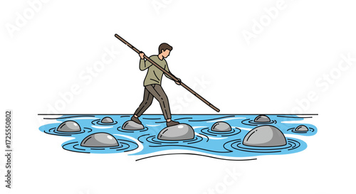 Illustration of a man balancing on stepping stones in water with a pole for stability, showing determination and navigation across challenges