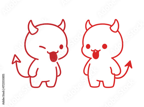 Cute red outline vector illustration of two little devil characters with horns and tails, sticking out their tongues in a playful, mischievous style