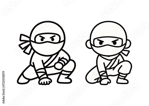Minimalist black and white outline vector illustration of two crouching chibi ninja characters in fighting poses, suitable for gaming or martial arts themes