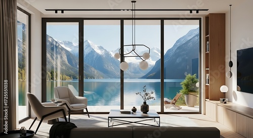 Bright and airy living room with stunning mountain lake view through large windows, creating a serene and luxurious interior space for relaxation