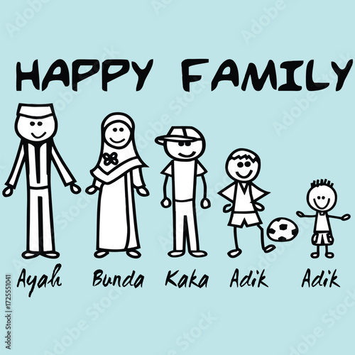 A charming hand-drawn stick figure illustration of a happy Muslim family with a father, mother, and four children. Simple doodle art representing togetherness and love