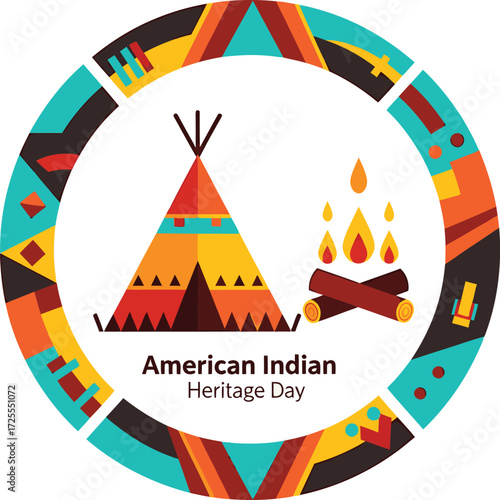 Vibrant vector illustration of a traditional indigenous teepee and a warm, glowing campfire, artfully designed to celebrate Native American cultural heritage and historical traditions