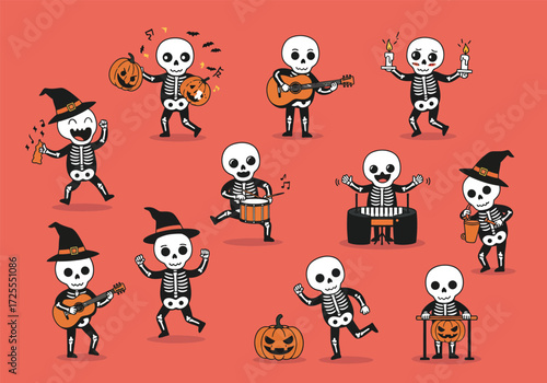 Vector art of skeletons in festive attire play instruments and dance with joy, creating a lively Halloween scene against a clean background the skeletons wear hats and scarves