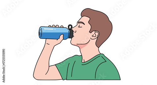 Illustration depicting a hydrated man consuming water from a reusable blue bottle for a healthy lifestyle