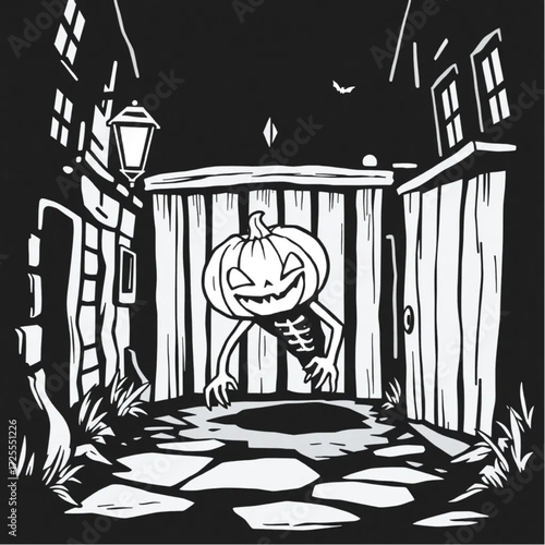 A pumpkin-headed creature creeping through the darkness in a ghost town street surrounded by creaking wooden gate.