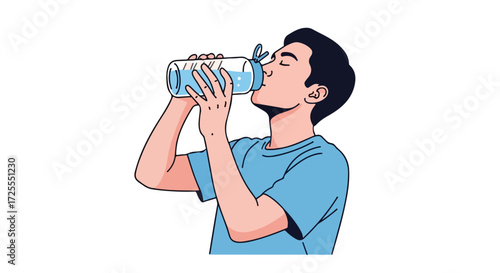 A digitally rendered illustration of a young man quenching his thirst with cool water from a reusable bottle conveying vitality and focus on wellness