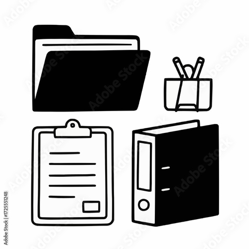 Organized office essentials illustration for streamlined workflow and productivity, great for business presentations and educational materials in a modern style