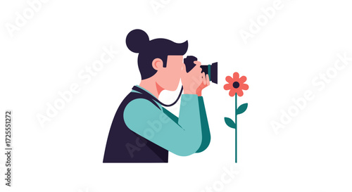 Illustrative rendering of a focused photographer capturing a vibrant flower in a simplistic style illustration representing the passion and detail