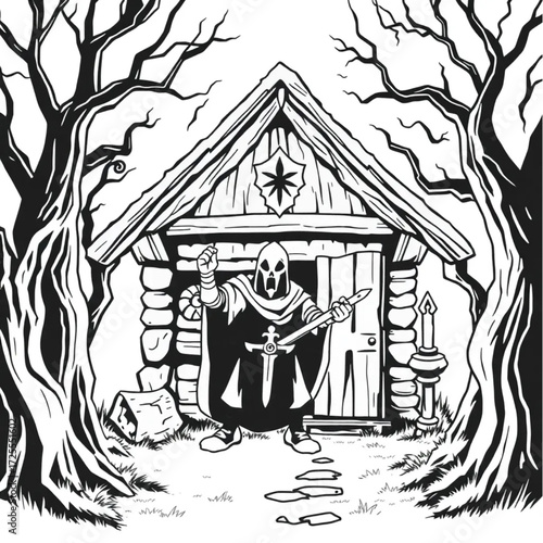 A phantom knight screaming silently in a old witch's cabin surrounded by twisted trees.